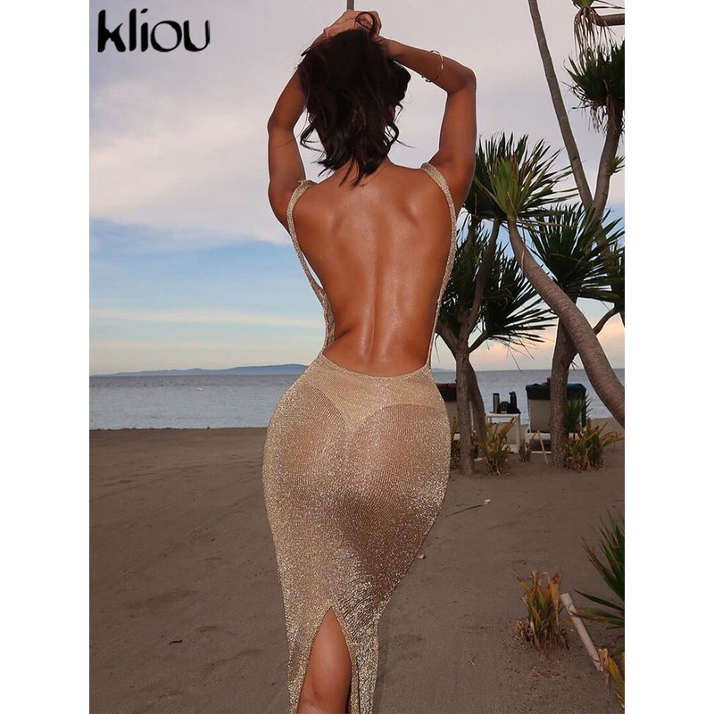 Kliou Women's Shiny Long Dress, Stunning Sleeveless Bodycon with Sheer Mesh & Backless Design for Elegant Summer Fashion