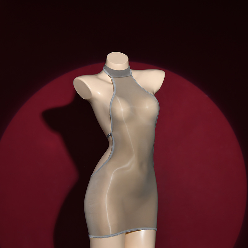 Sexy Backless Bodycon Dress, Oil Glossy Shiny Elastic Bandage Micro Mini Dress with Sheer
