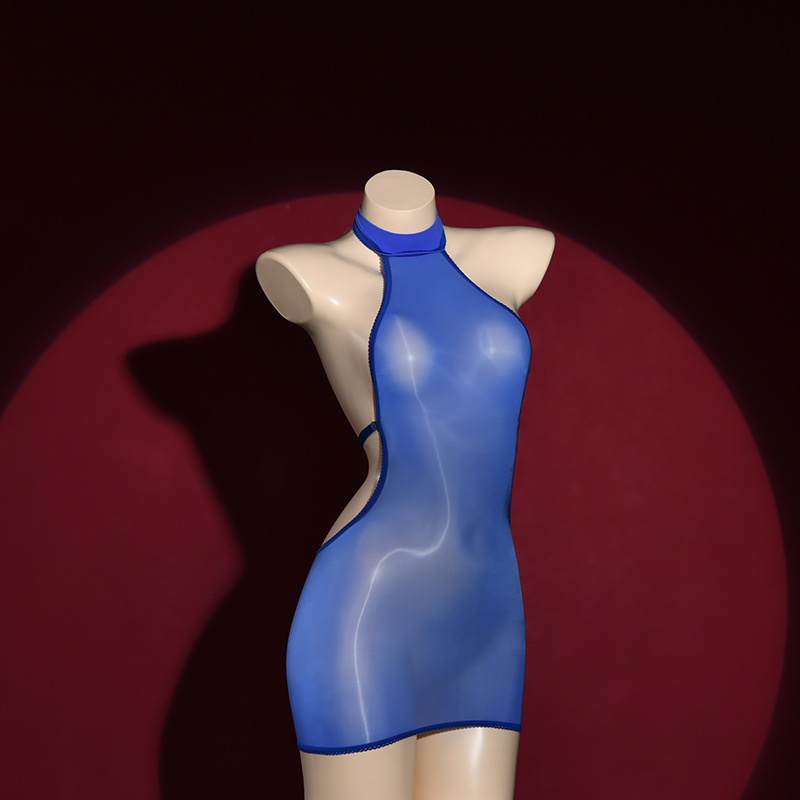 Sexy Backless Bodycon Dress, Oil Glossy Shiny Elastic Bandage Micro Mini Dress with Sheer