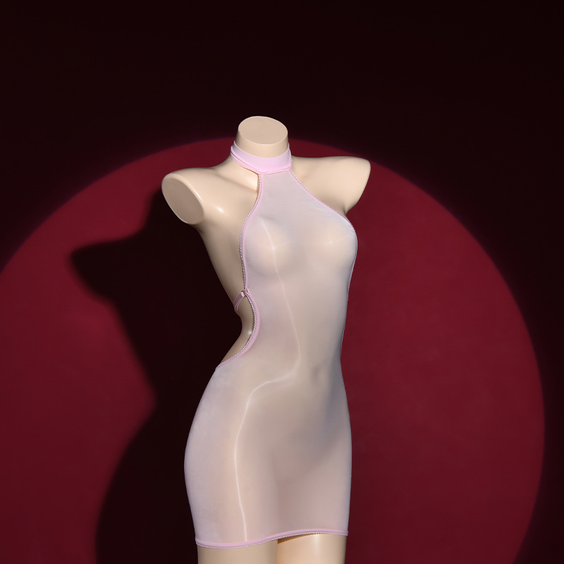 Sexy Backless Bodycon Dress, Oil Glossy Shiny Elastic Bandage Micro Mini Dress with Sheer