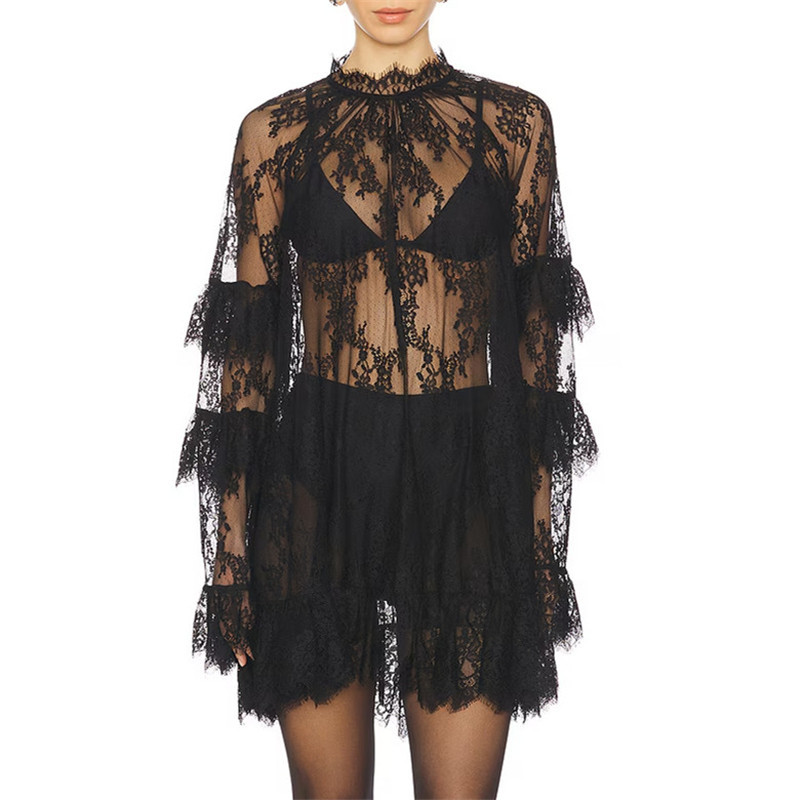 Hirigin Women's Floral Lace Sheer Dress, Sexy See Through Mesh Long Sleeve Mini Dress with High Neck for Cocktail Party
