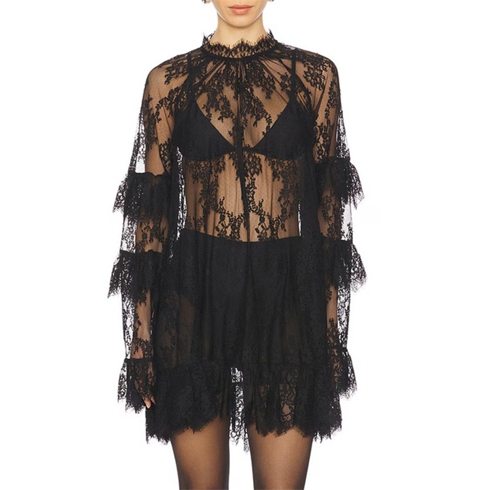 Hirigin Women's Floral Lace Sheer Dress, Sexy See Through Mesh Long Sleeve Mini Dress with High Neck for Cocktail Party