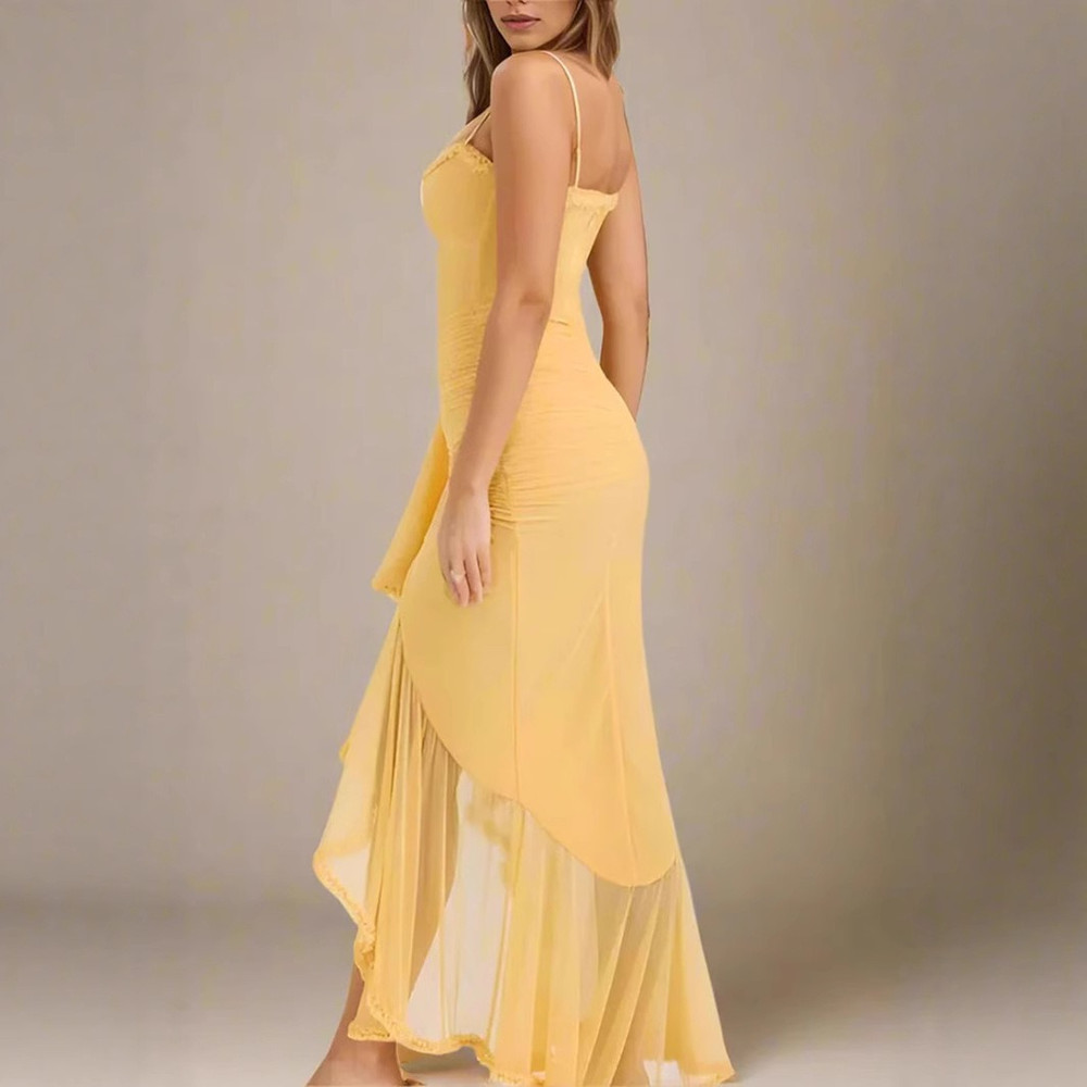 2025 Spring Summer Womens Mesh Camisole Dress with Ruffled Hem, Ruched Sleeveless Party Evening Wear in Flowy Elegant