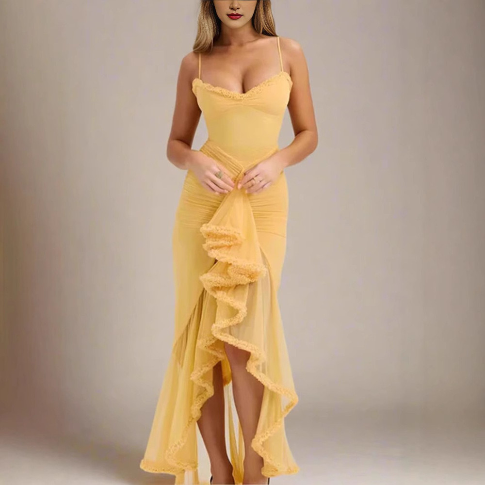 2025 Spring Summer Womens Mesh Camisole Dress with Ruffled Hem, Ruched Sleeveless Party Evening Wear in Flowy Elegant