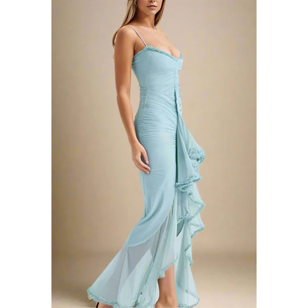 2025 Spring Summer Womens Mesh Camisole Dress with Ruffled Hem, Ruched Sleeveless Party Evening Wear in Flowy Elegant