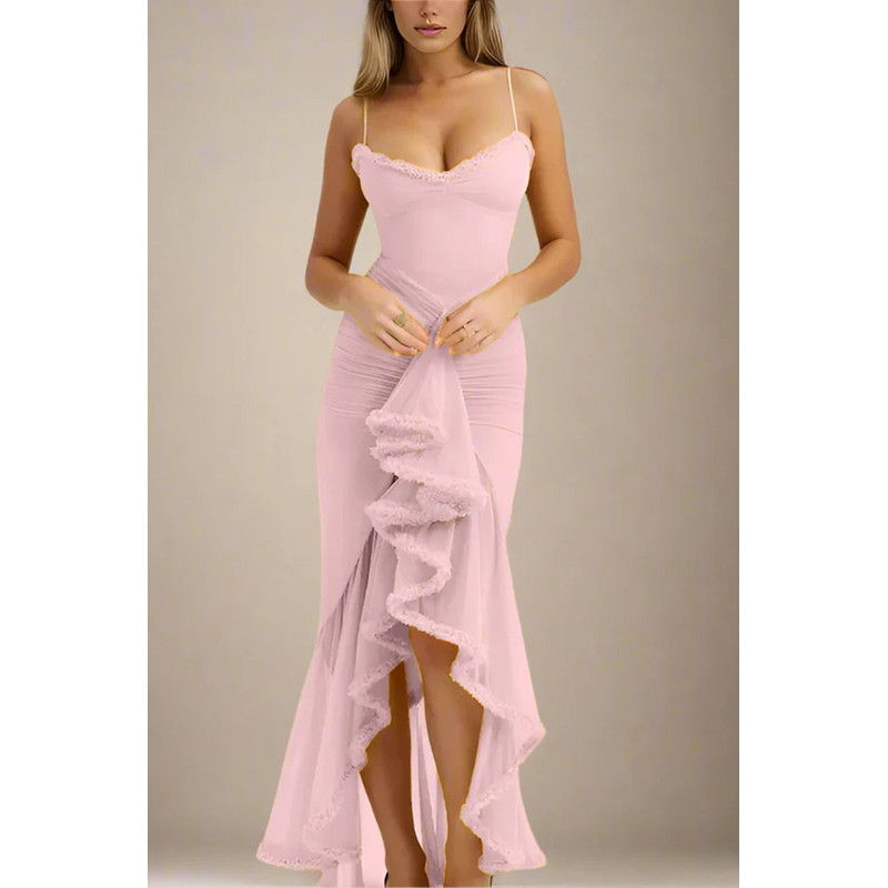 2025 Spring Summer Womens Mesh Camisole Dress with Ruffled Hem, Ruched Sleeveless Party Evening Wear in Flowy Elegant