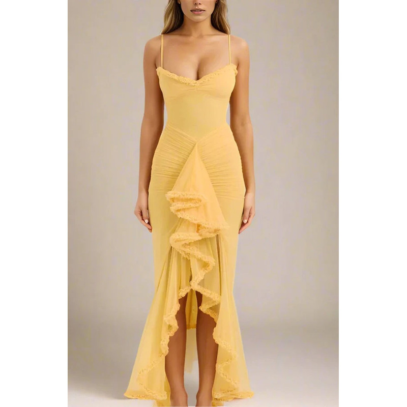 2025 Spring Summer Womens Mesh Camisole Dress with Ruffled Hem, Ruched Sleeveless Party Evening Wear in Flowy Elegant