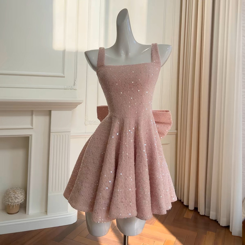 SXTHAENOO Sequins Bow Backless Sexy Mini Dress for Women, High Waist, Club Dress with Square Collar