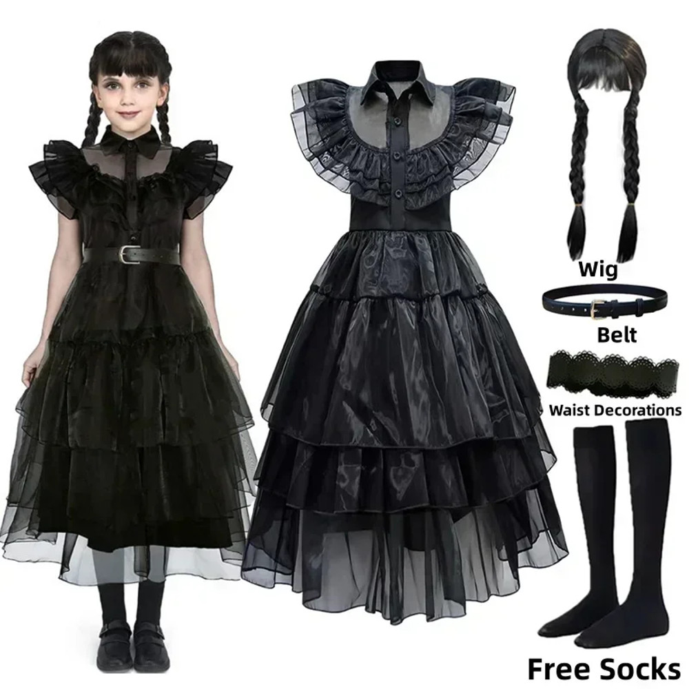 Girls Wednesday Addams Costume Complete Kit Kids Halloween Party Dress With Wig  Accessories For Co 0