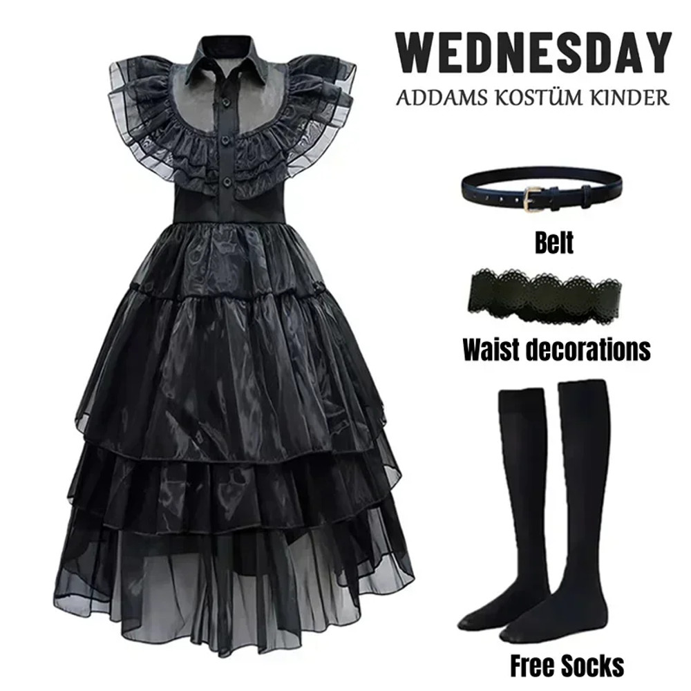 Girls Wednesday Addams Costume Complete Kit Kids Halloween Party Dress With Wig  Accessories For Co 1