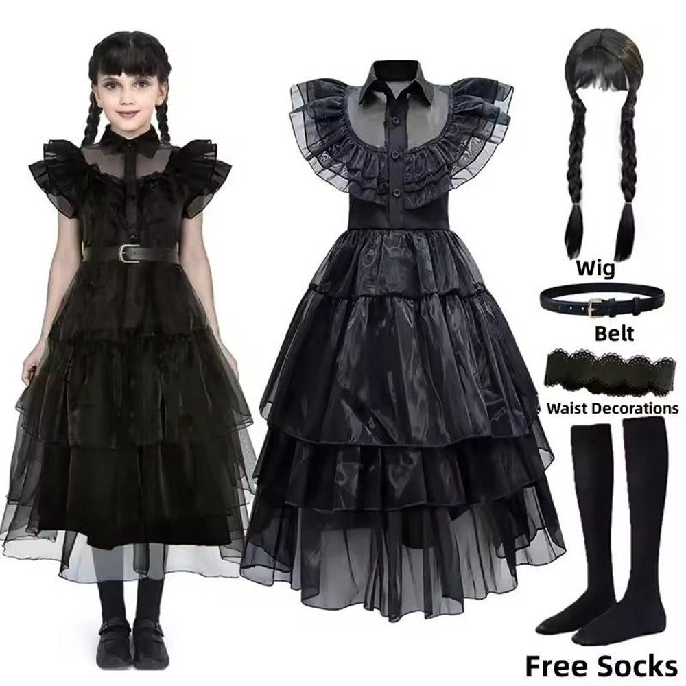 Girls Wednesday Addams Costume Complete Kit Kids Halloween Party Dress With Wig  Accessories For Co 8