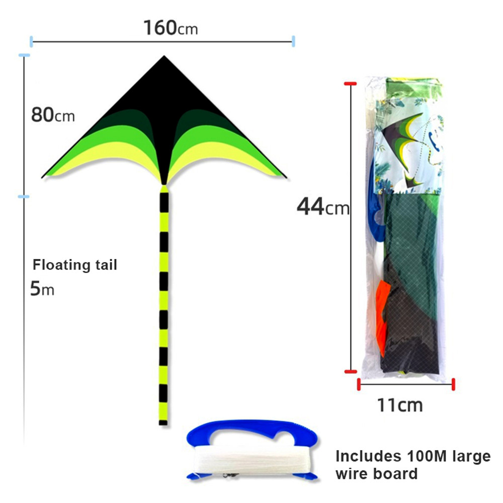 Large Delta Kite for Kids and Adults, Easy to Fly, Huge Green Design with 500cm Tail, Outdoor Toys with 100M Line