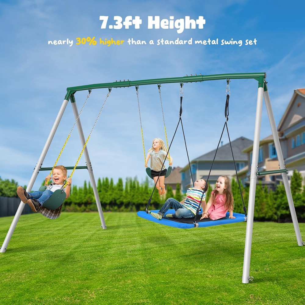 Hapfan Heavy Duty Metal Swing Set, 7.3ft Tall Outdoor Playset with 3 Swings, for Big Kids and Backyard Playgrounds