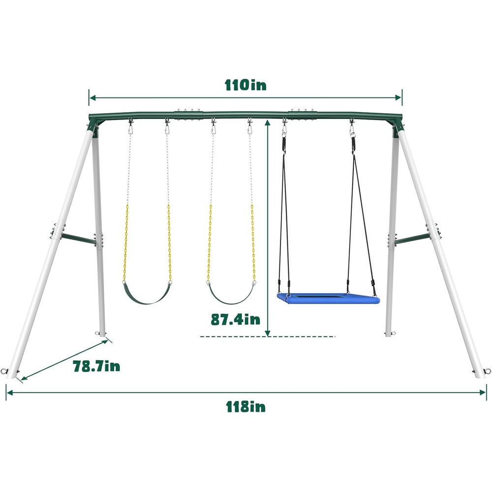 Hapfan Heavy Duty Metal Swing Set, 7.3ft Tall Outdoor Playset with 3 Swings, for Big Kids and Backyard Playgrounds
