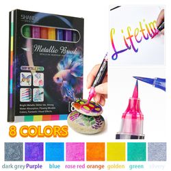 8 colors metallic glitter paint pens set soft brush pen for rock painting ceramic glass wood drawing