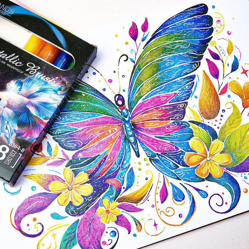 8 Colors Metallic Glitter Paint Pens Set Soft Brush Pen for Rock Painting Ceramic Glass Wood Drawing