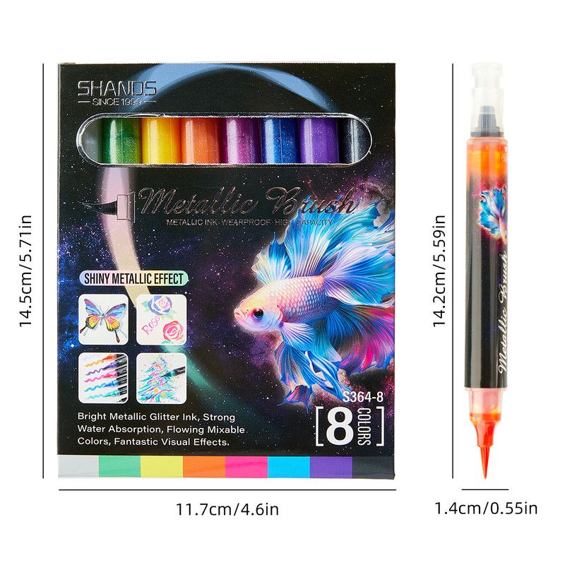 8 Colors Metallic Glitter Paint Pens Set Soft Brush Pen for Rock Painting Ceramic Glass Wood Drawing