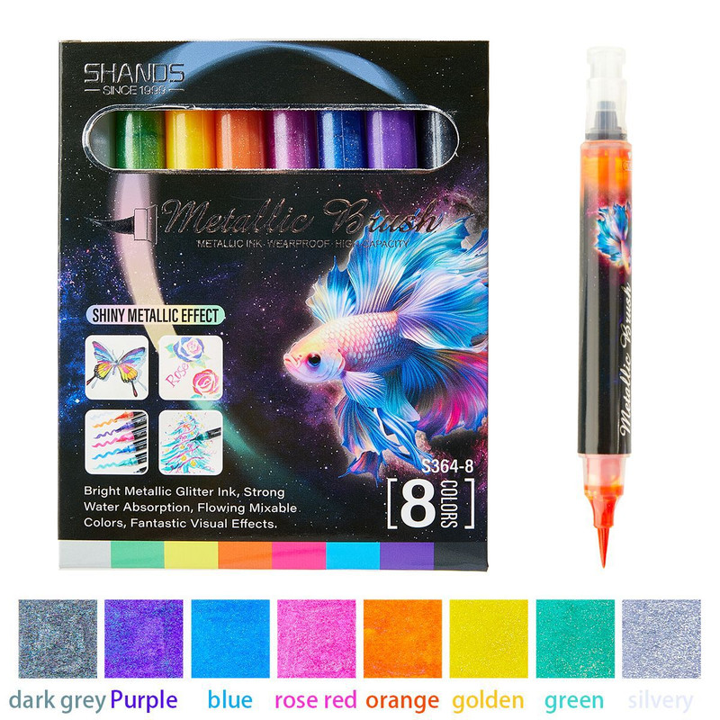 8 Colors Metallic Glitter Paint Pens Set Soft Brush Pen for Rock Painting Ceramic Glass Wood Drawing