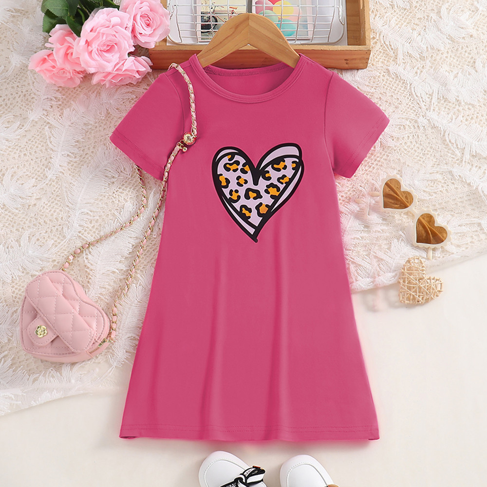 Girls Knitted Skirt Dress, Love Leopard Print, Short Sleeve Round Neck, Summer Thin Fashion Casual Dress, Childrens