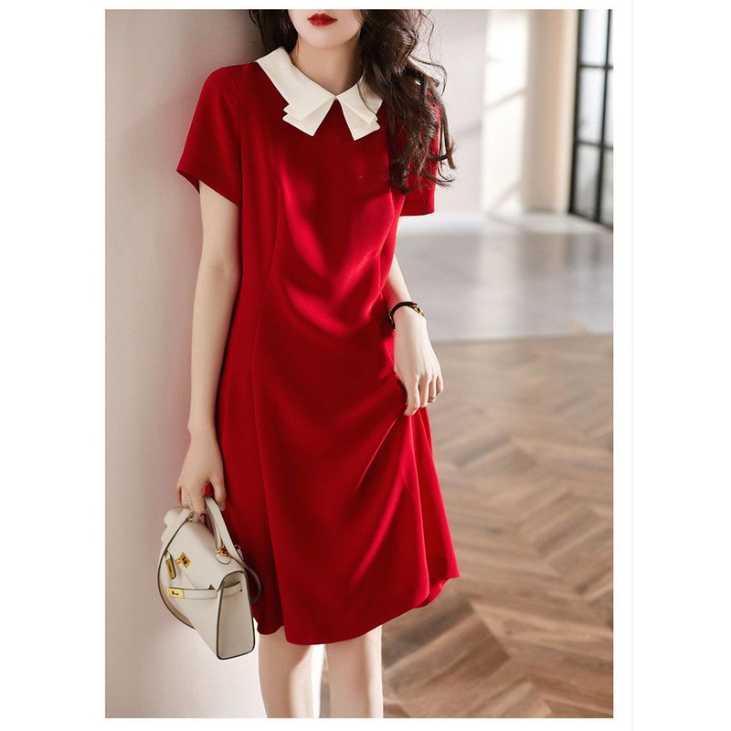 New Style Dress, Fashionable Doll Neck, Slim Fit A Line Skirt, Soft Red, Age Reducing Design