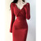 Vintage Knit Dress Red Bodycon Womens Crochet Cover Up Elegant Midi Knee Length Dress Luxury Clothi 2
