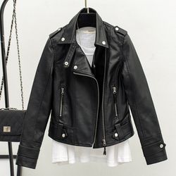 gothic punk style motorcycle jacket, fall women short black pu leather jacket, wild casual coat, goth winter fashion