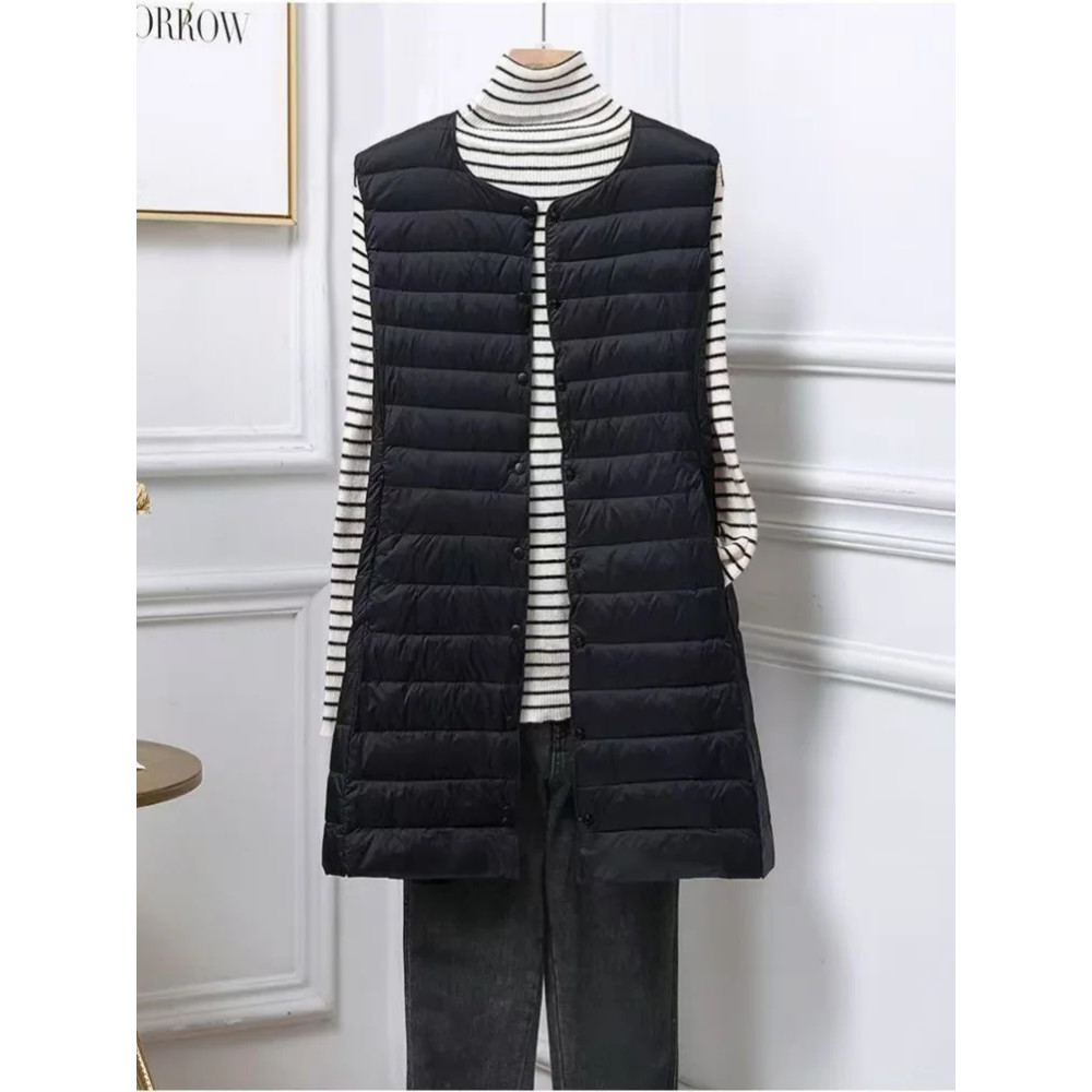 Women's Mid Length Down Vest, All Match Fashion Slim Fit, Round Neck V Neck Design, Autumn Winter Wear