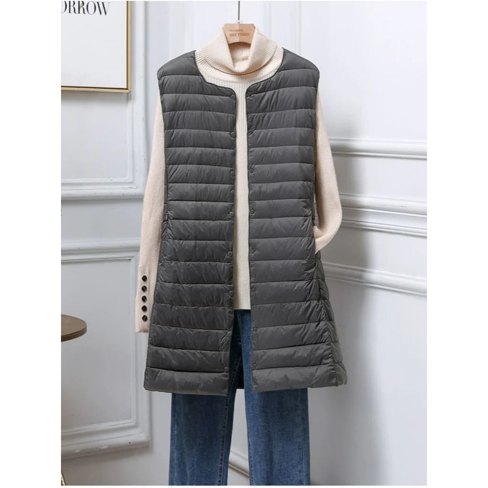 Women's Mid Length Down Vest, All Match Fashion Slim Fit, Round Neck V Neck Design, Autumn Winter Wear