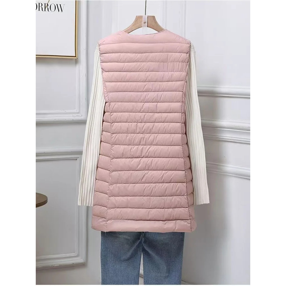 Women's Mid Length Down Vest, All Match Fashion Slim Fit, Round Neck V Neck Design, Autumn Winter Wear