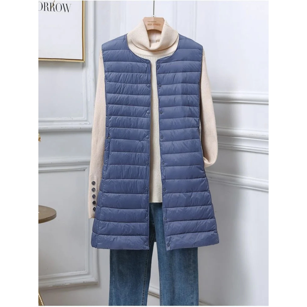 Women's Mid Length Down Vest, All Match Fashion Slim Fit, Round Neck V Neck Design, Autumn Winter Wear