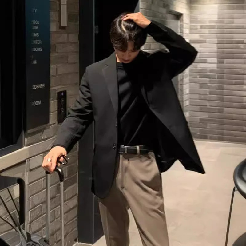 Mens Casual Blazer Western Style Loose Fit Jacket Autumn Trendy Single Breasted Black Coat Dongdaem 2