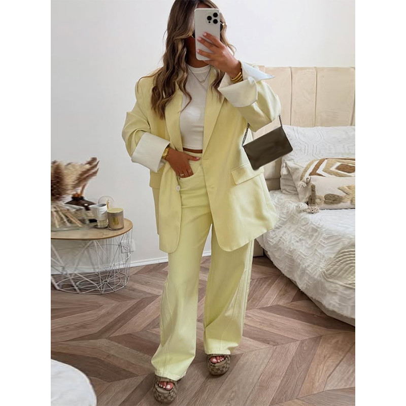 Elegant Womens Blazer Coat Long Sleeve Single Breasted Jacket With Flap Pockets Shoulder Pad Autumn 2