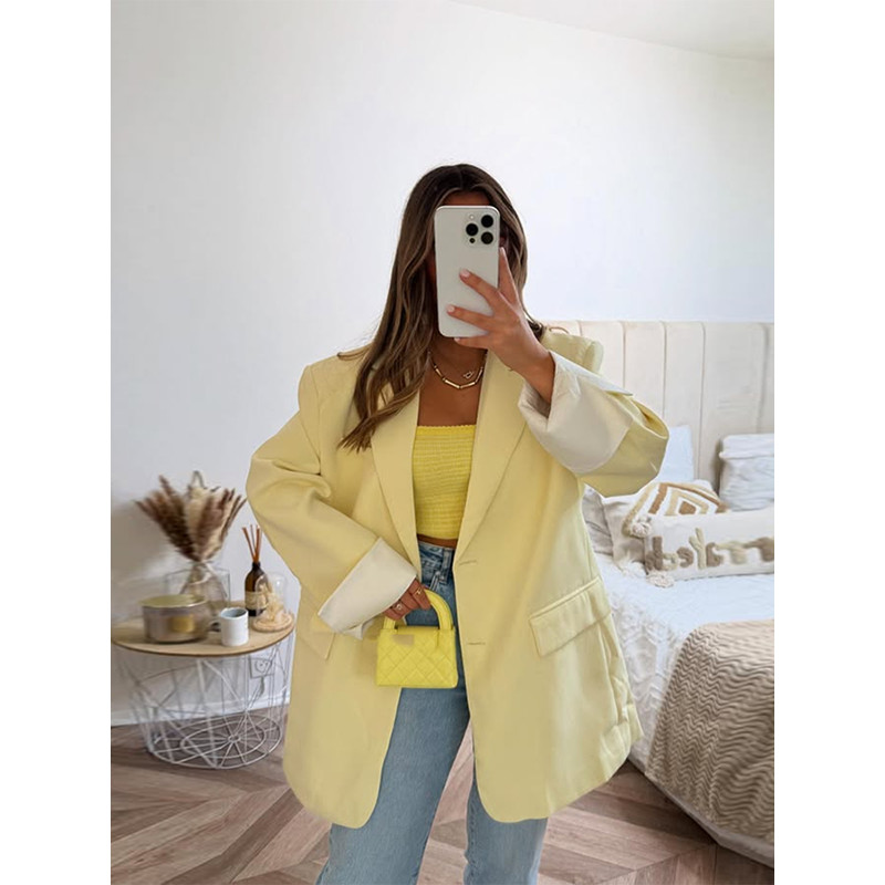Elegant Womens Blazer Coat Long Sleeve Single Breasted Jacket With Flap Pockets Shoulder Pad Autumn 3