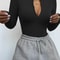 Women's Solid Gray Bodysuit, Long Sleeve Mock Neck, Sexy Bodycon Basic, Autumn Winter Fashion Outfits