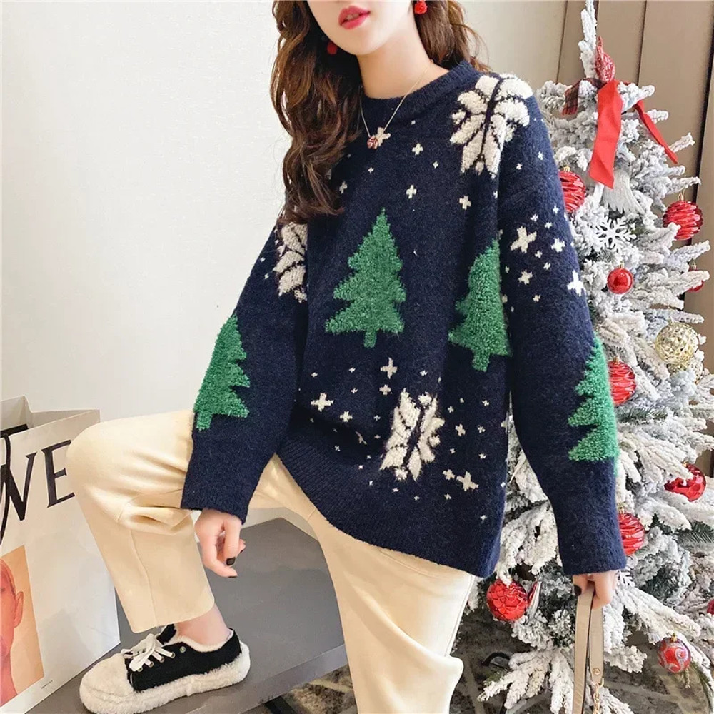 Christmas Sweater for Women, Autumn Winter Loose Fit Top, Thickened Snowflake Hoodie Color Blocked Round Neck Lazy Style