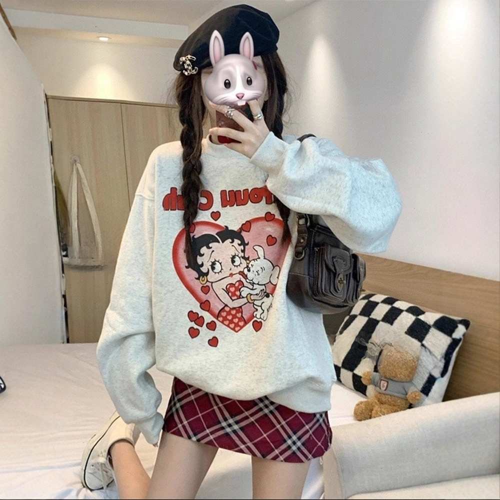 Loose Comfortable Design Womens Hoodless Sweatshirt Mid Length Lazy Style Versatile Outerwear Top A 0