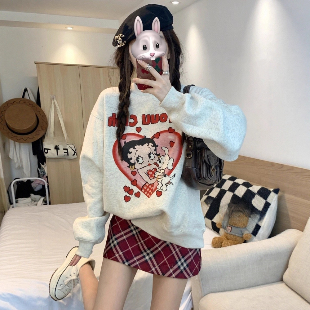 Loose Comfortable Design Womens Hoodless Sweatshirt Mid Length Lazy Style Versatile Outerwear Top A 1
