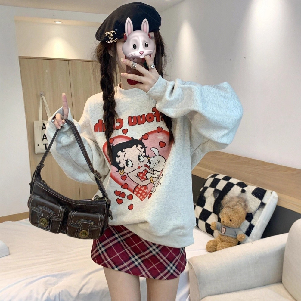 Loose Comfortable Design Womens Hoodless Sweatshirt Mid Length Lazy Style Versatile Outerwear Top A 3