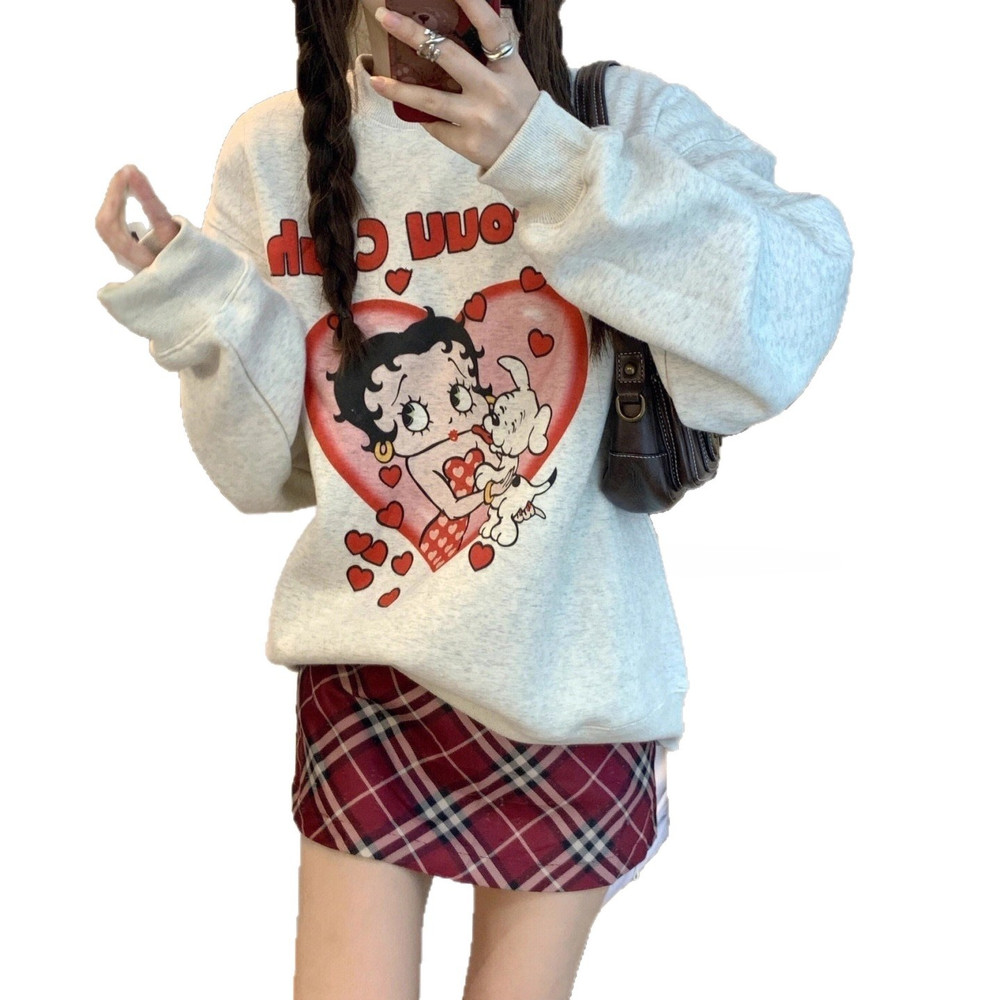 Loose Comfortable Design Womens Hoodless Sweatshirt Mid Length Lazy Style Versatile Outerwear Top A 4