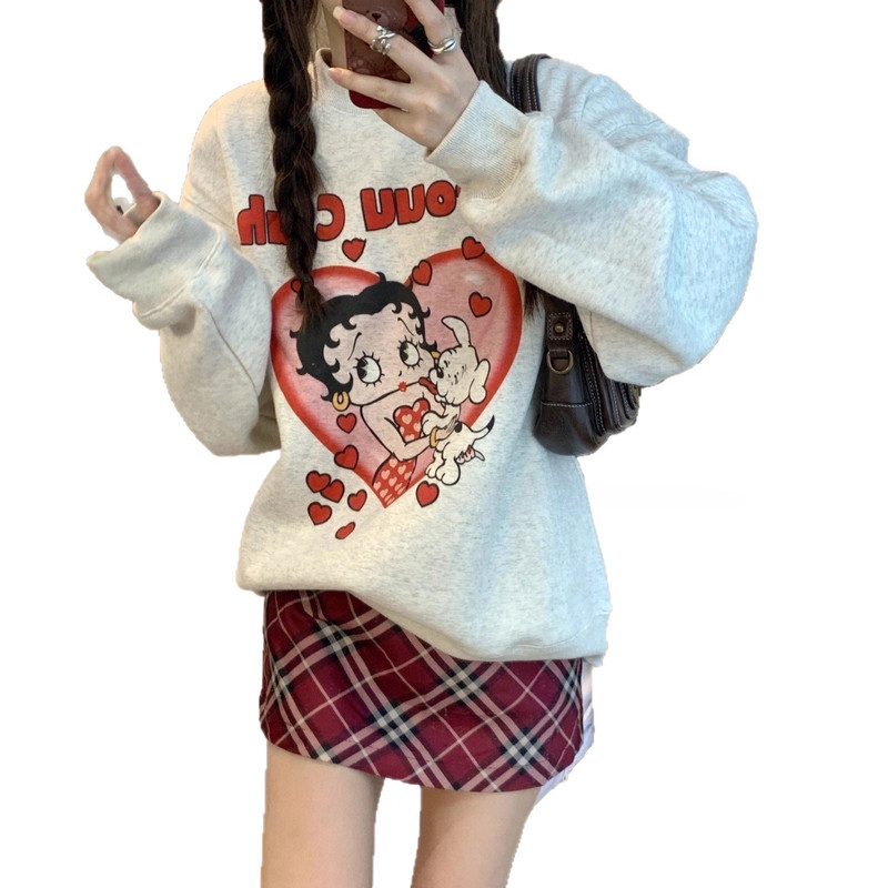 Loose Comfortable Design Womens Hoodless Sweatshirt Mid Length Lazy Style Versatile Outerwear Top A 4