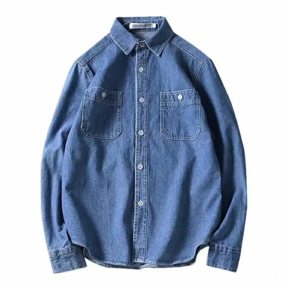 Vintage Denim Shirt for Men, Long Sleeve Loose Fit, Casual Jacket, Distressed Workwear Top