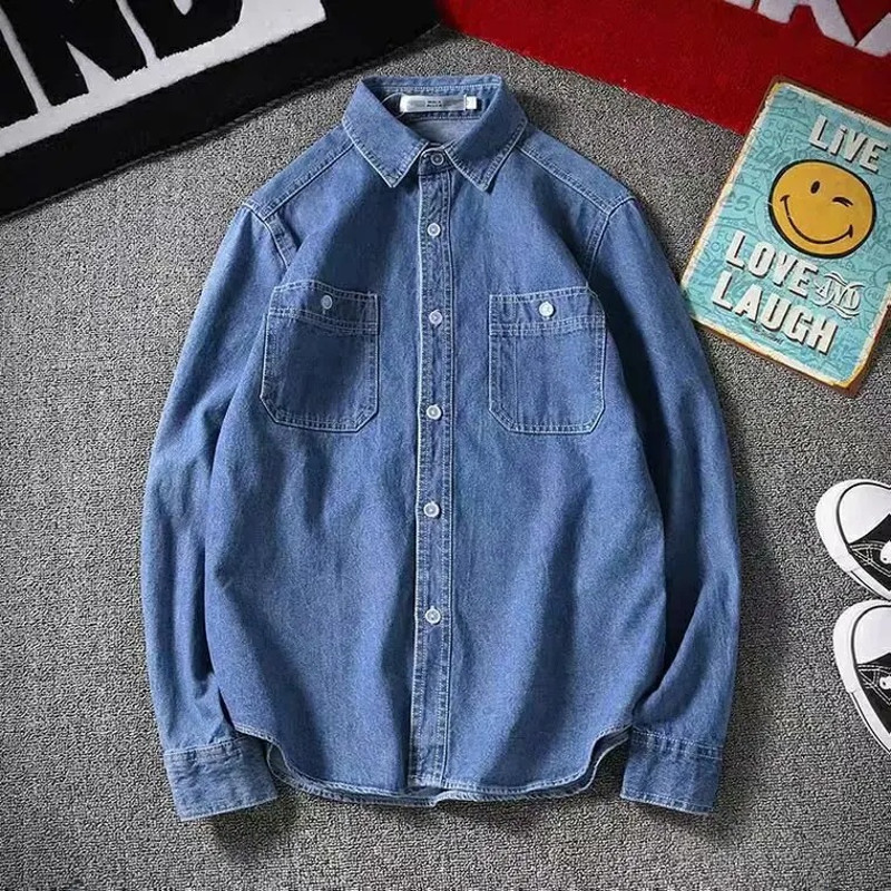 Vintage Denim Shirt for Men, Long Sleeve Loose Fit, Casual Jacket, Distressed Workwear Top