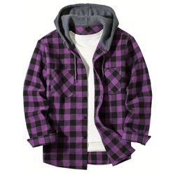 classic plaid shirt for men, hooded flannel jacket, casual button down with long sleeves and double pocket spring autumn