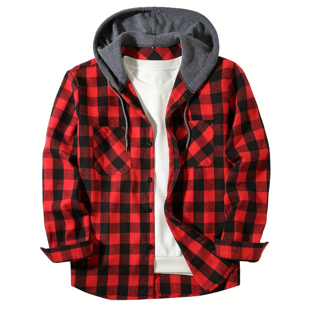 Classic Plaid Shirt For Men Hooded Flannel Jacket Casual Button Down With Long Sleeves And Double P 2