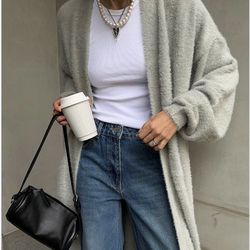 vintage cardigan for women, fluffy warm long sleeve, oversize knitted sweater, solid white autumn winter fashion