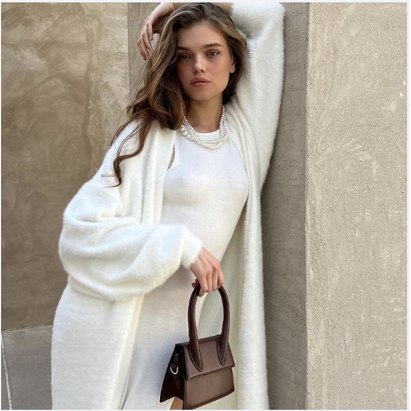 Vintage Cardigan for Women, Fluffy Warm Long Sleeve, Oversize Knitted Sweater, Solid White Autumn Winter Fashion