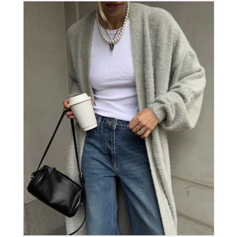 Vintage Cardigan for Women, Fluffy Warm Long Sleeve, Oversize Knitted Sweater, Solid White Autumn Winter Fashion