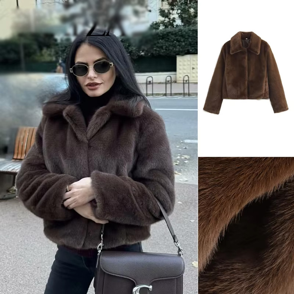 Brown Faux Fur Jacket, Women's Retro Streetwear Coat, Casual Crop Style with Side Pockets, Thick Warm Lapel for Winter