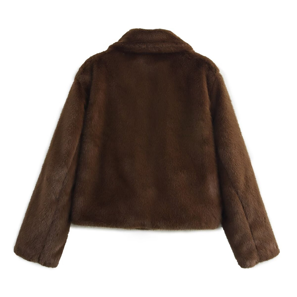 Brown Faux Fur Jacket, Women's Retro Streetwear Coat, Casual Crop Style with Side Pockets, Thick Warm Lapel for Winter