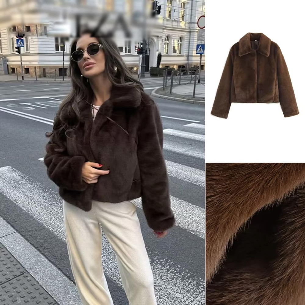Brown Faux Fur Jacket, Women's Retro Streetwear Coat, Casual Crop Style with Side Pockets, Thick Warm Lapel for Winter